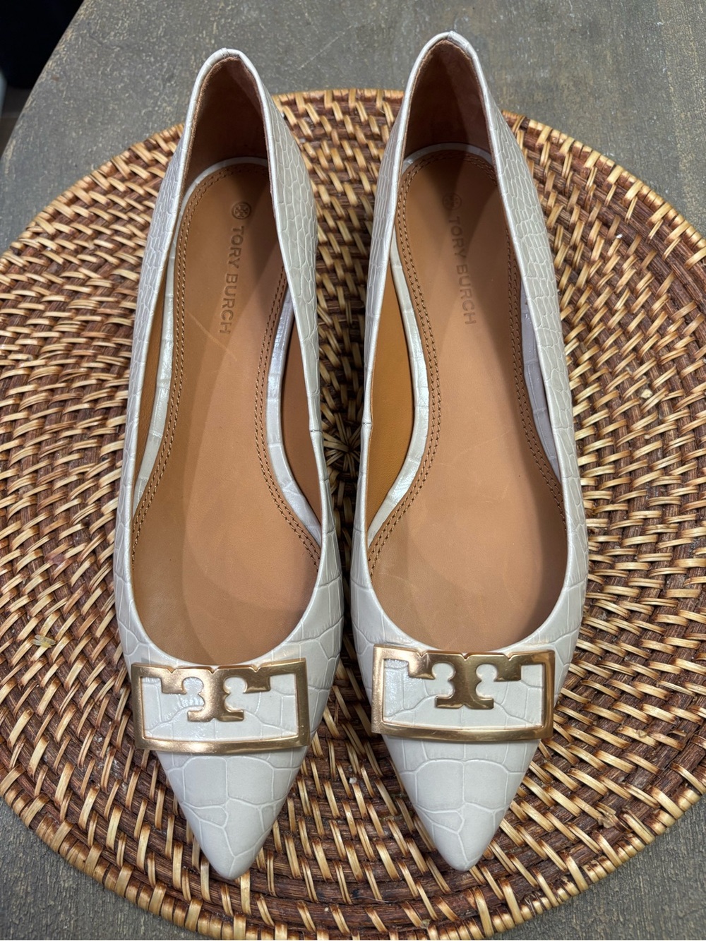 Tory Burch Cream Croc-Embossed Pointed Toe Flats with Gold Logo Plaque